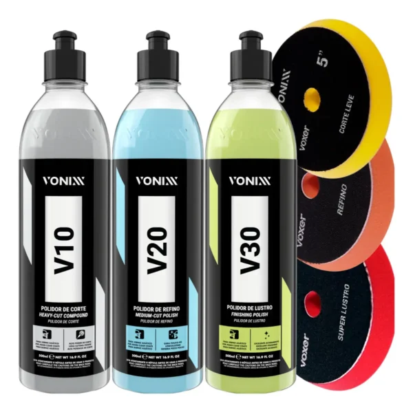 Kit Polimento Vonixx V10, V20 e V30 para Corte, Refino e Lustro com Boinas de 5